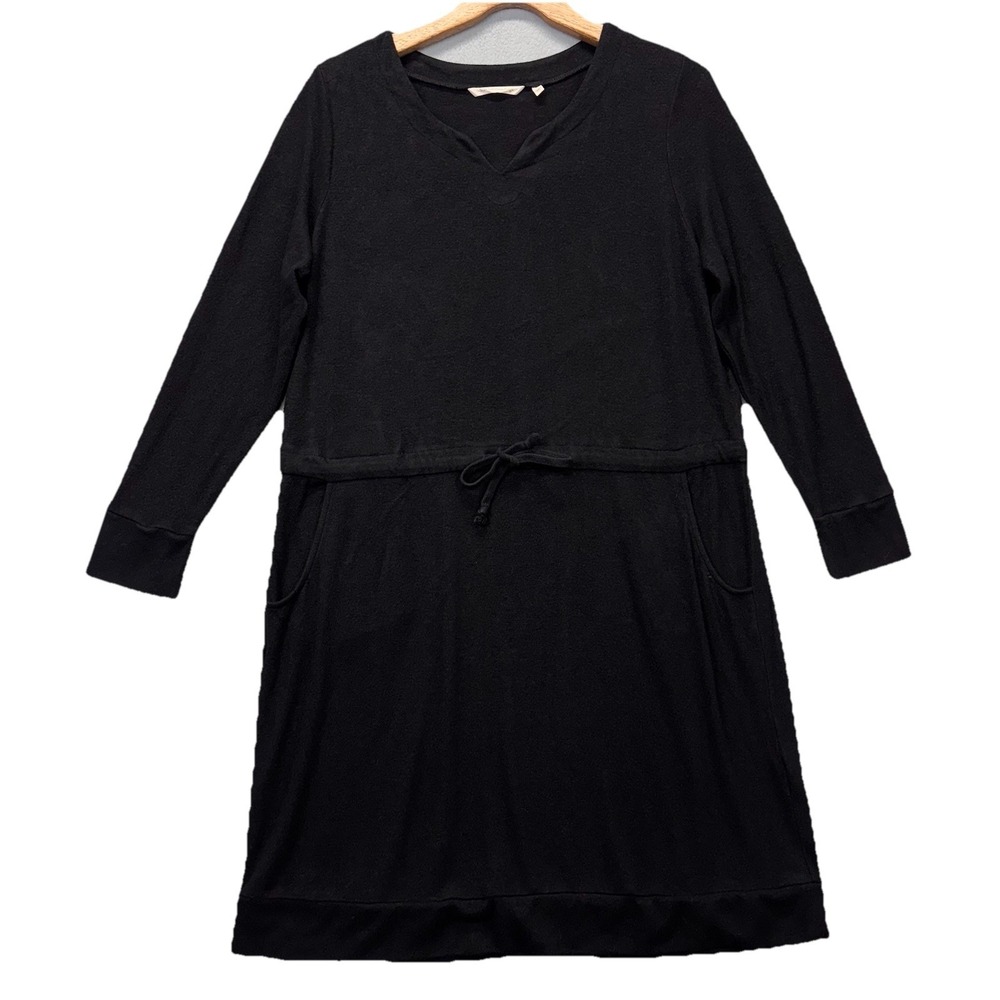 Soft Surroundings Dress Black Plush Fleece‎ V-Neck Drawstring Pockets Womens PXL